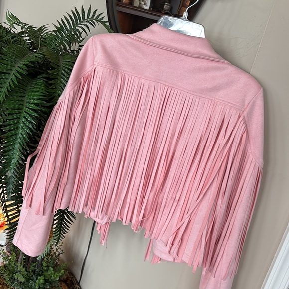 NWOT Pink Fringe Jacket Faux Suede Cropped Western Moto Tassel Cowgirl Pastel - Picture 7 of 14